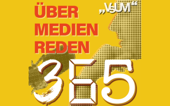 Das Logo von über Medien Reden - 356 zeigt den Schriftzug auf gelbem Grund und eine schemenhafte Darstellung einer Person, die in ein Mikrofon spricht.