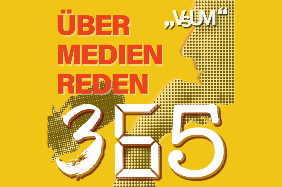 Das Logo von über Medien Reden - 356 zeigt den Schriftzug auf gelbem Grund und eine schemenhafte Darstellung einer Person, die in ein Mikrofon spricht.